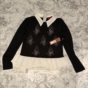 Chic Black and White Women's Blouse with Embellishments
